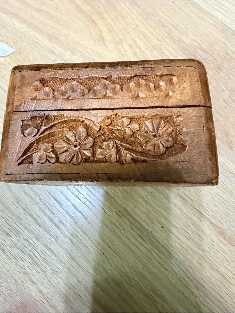 Vintage Carved Wooden Trinket Box with White Inlay